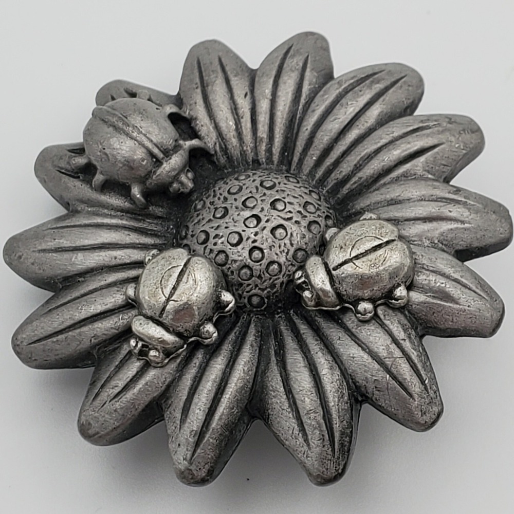 Sunflower Brooch Pin with Detachable Lady Bug Earrings Studs Pewter Vintage